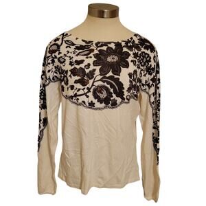NWT Artistica Beaded Sequin Floral Stretch Long Sleeve Top Ivory Womens Size S
